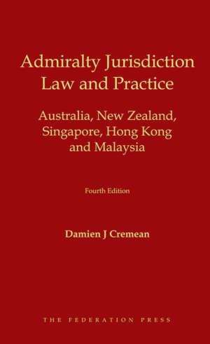 Book cover for Admiralty Jurisdiction: Law and Practice by Damien J Cremean. Yellow text on red background.