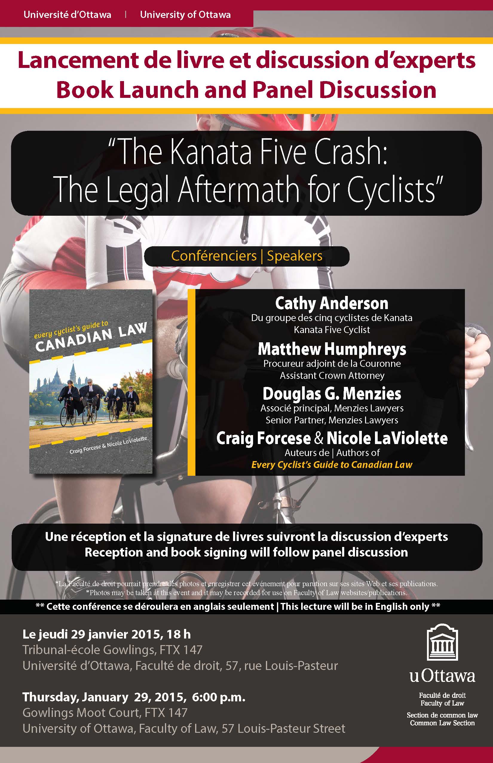 Poster with a cyclist in the background and information about the Every Cyclist's Guide to Canadian Law book launch in the foreground.