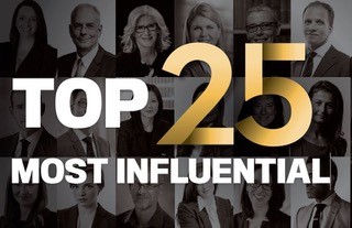 Graphic showing collage of people in professional work attire in black and white, with the words "Top 25 most influential" in the foreground.