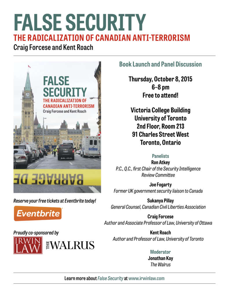 Poster showing details of False Security book launch and panel discussion.