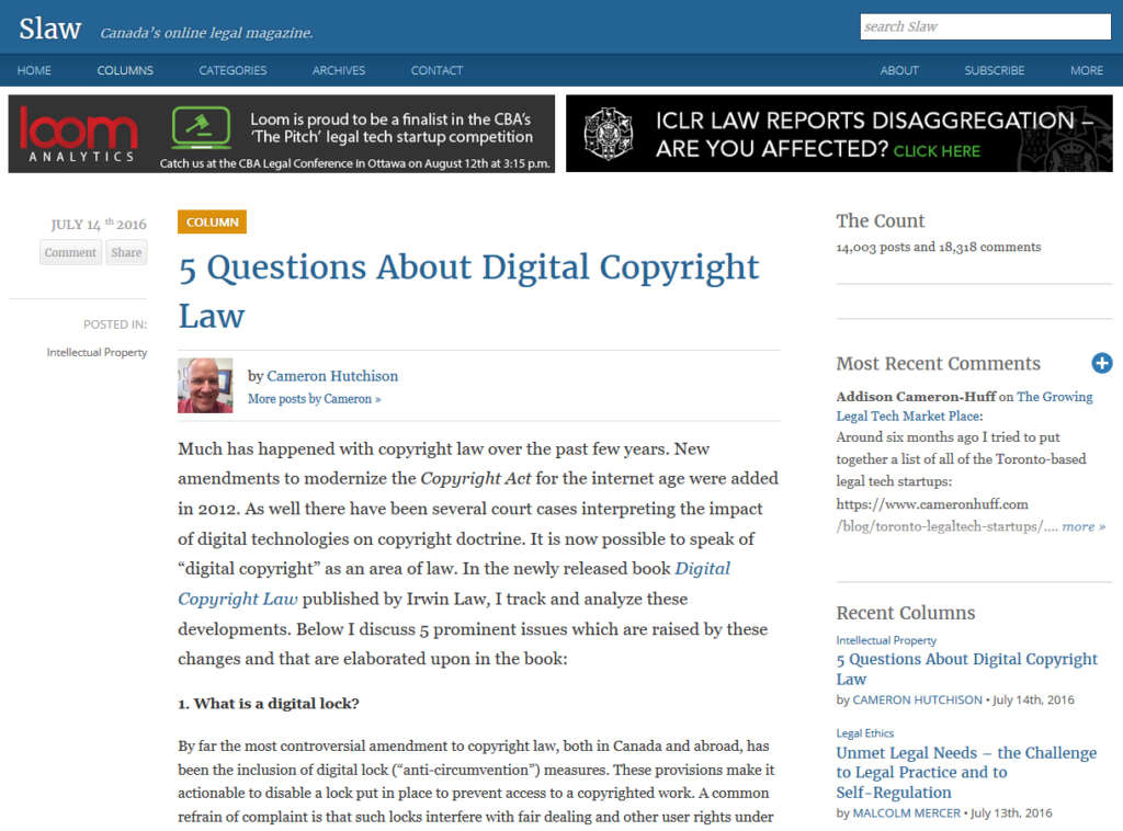 Screenshot of Slaw website showing article "5 Questions about Digital Copyright Law" by Cameron Hutchison.