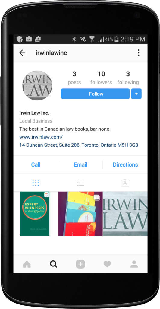 Smartphone showing Irwin Law's new Instagram account.