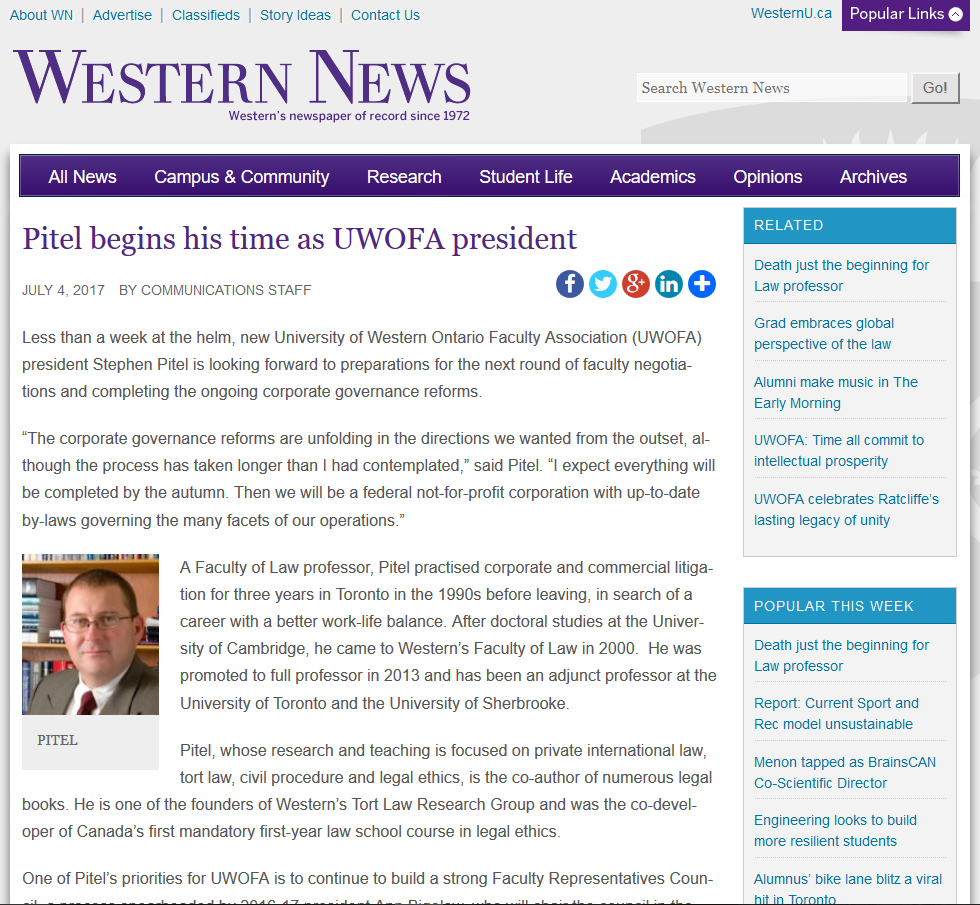 Screenshot of Western News website with article "Pitel begins his time as UWOFA president."