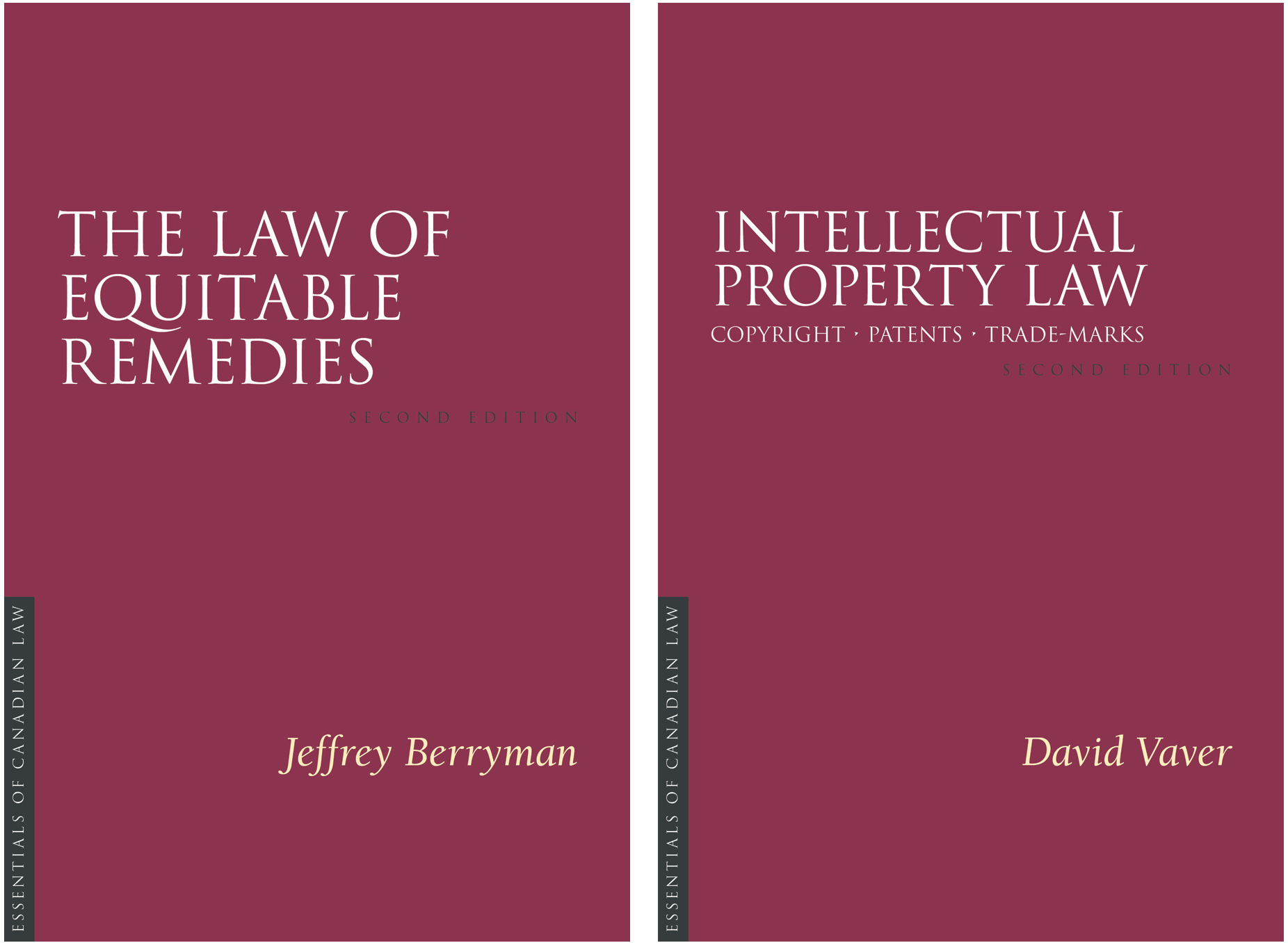 Book covers for Law of Equitable Remedies by Jeffrey Berryman and Intellectual Property Law by David Vaver.