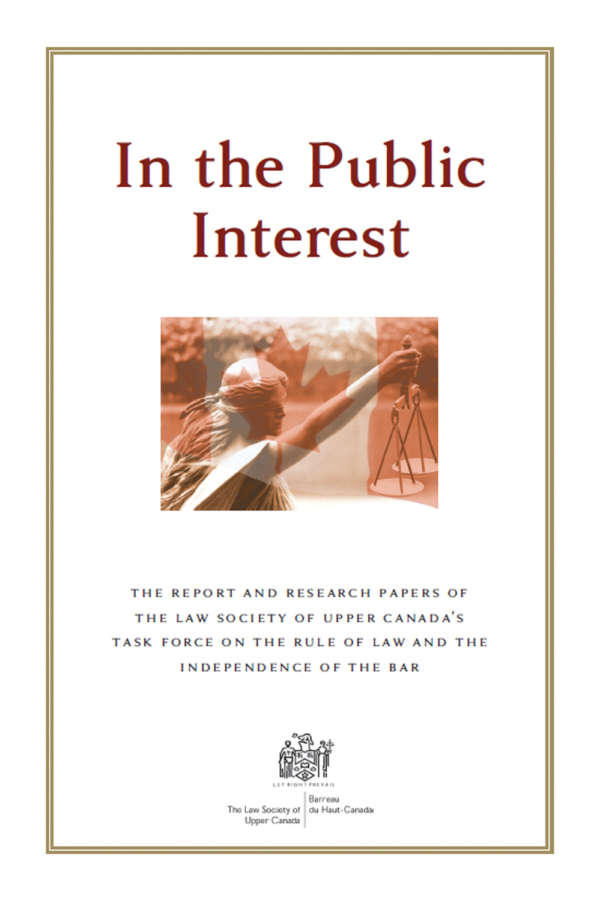 Book cover for In the Public Interest by the Law Society of Upper Canada. The cover shows a bronze border and an image of a statue holding the scales of justice, with a Canadian flag superimposed on top.