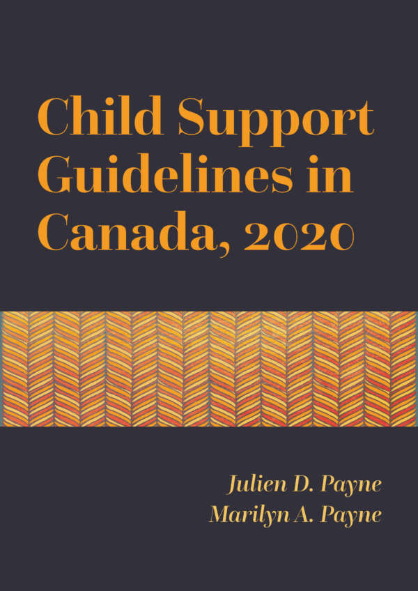 Book cover for Child Support Guidelines in Canada, 2020 by Julien D. Payne and Marilyn A. Payne. The text is a golden colour with a contemporary serif font on a dark purple background, with a piece of gold and red geometric art in the centre.