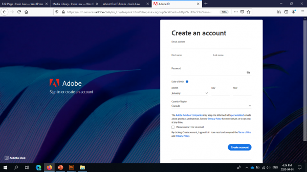 Adobe account creation screen.