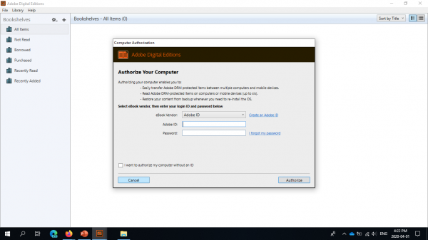 Adobe Digital Editions computer authorization screen.