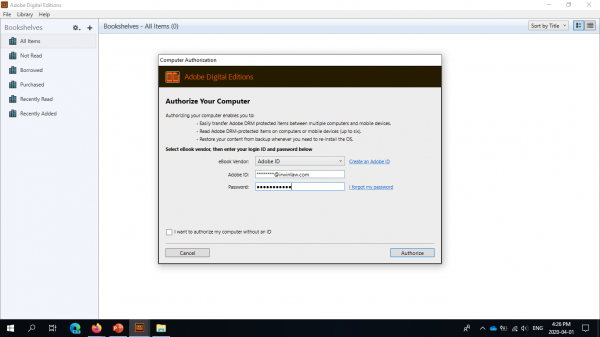 Adobe Digital Editions authorization screen filled with account credentials.