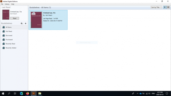 Adobe Digital Editions screen showing e-book successfully downloaded.