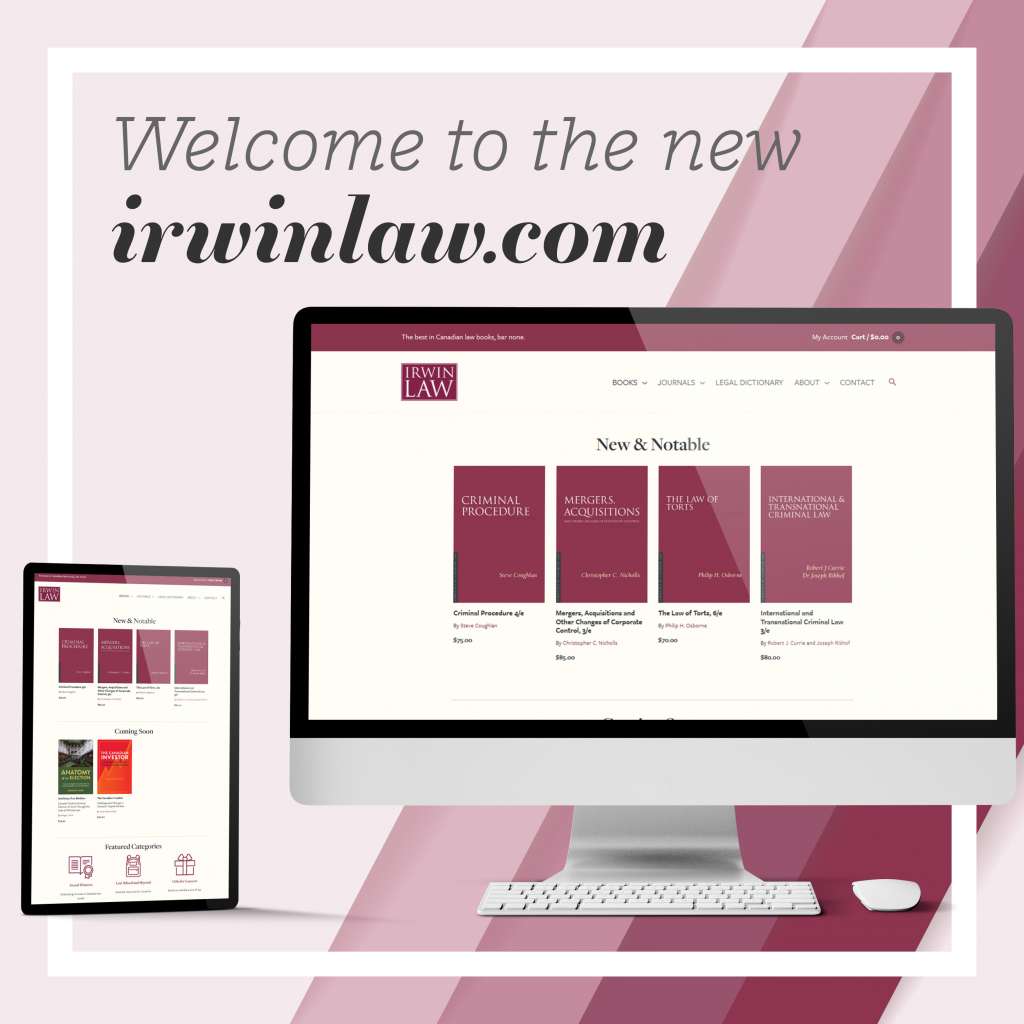 Graphic announcing the re-launch of irwinlaw.com. It shows the new website on a large monitor and a tablet.