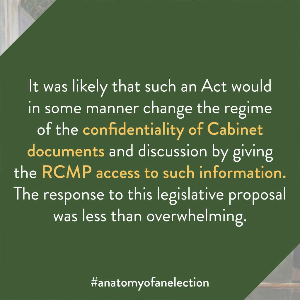 Excerpt from Anatomy of an Election by Gregory Tardi. It states: "It was likely that such an Act would in some manner change the regime of the confidentiality of Cabinet documents and discussion by giving the RCMP access to such information. The response to this legislative proposal was less than overwhelming."