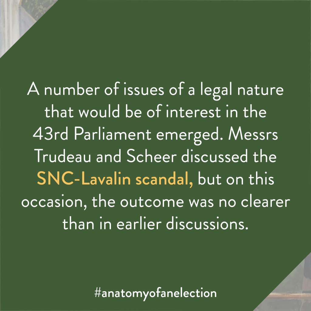Excerpt from Anatomy of an Election by Gregory Tardi. It states: "A number of issues of a legal nature that would be of interest in the 43rd Parliament emerged. Messrs Trudeau and Scheer discussed the SNC-Lavalin scandal, but on this occasion, the outcome was no clearer than in earlier discussions."