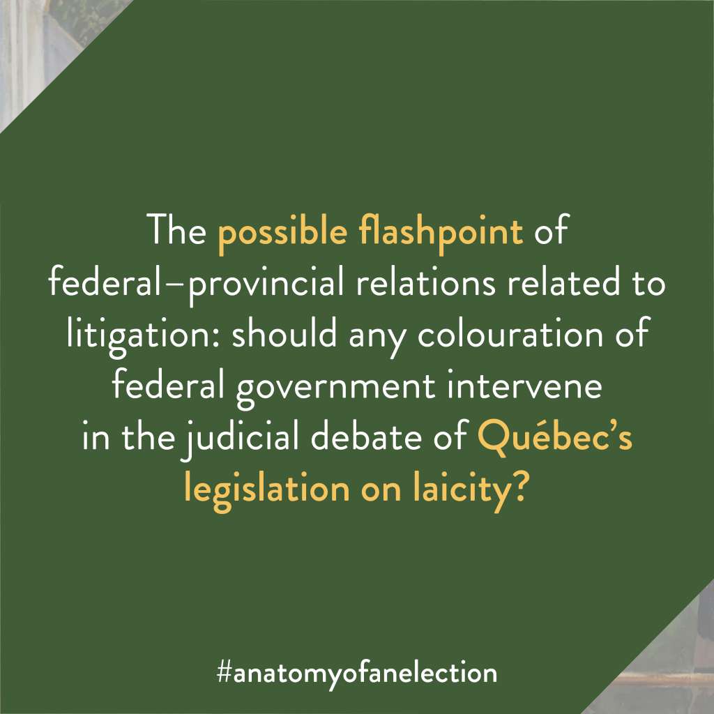 Excerpt from Anatomy of an Election by Gregory Tardi. It states:The possible flashpoint of federal–provincial relations related to litigation: should any colouration of federal government intervene in the judicial debate of Québec’s legislation on laicity?"