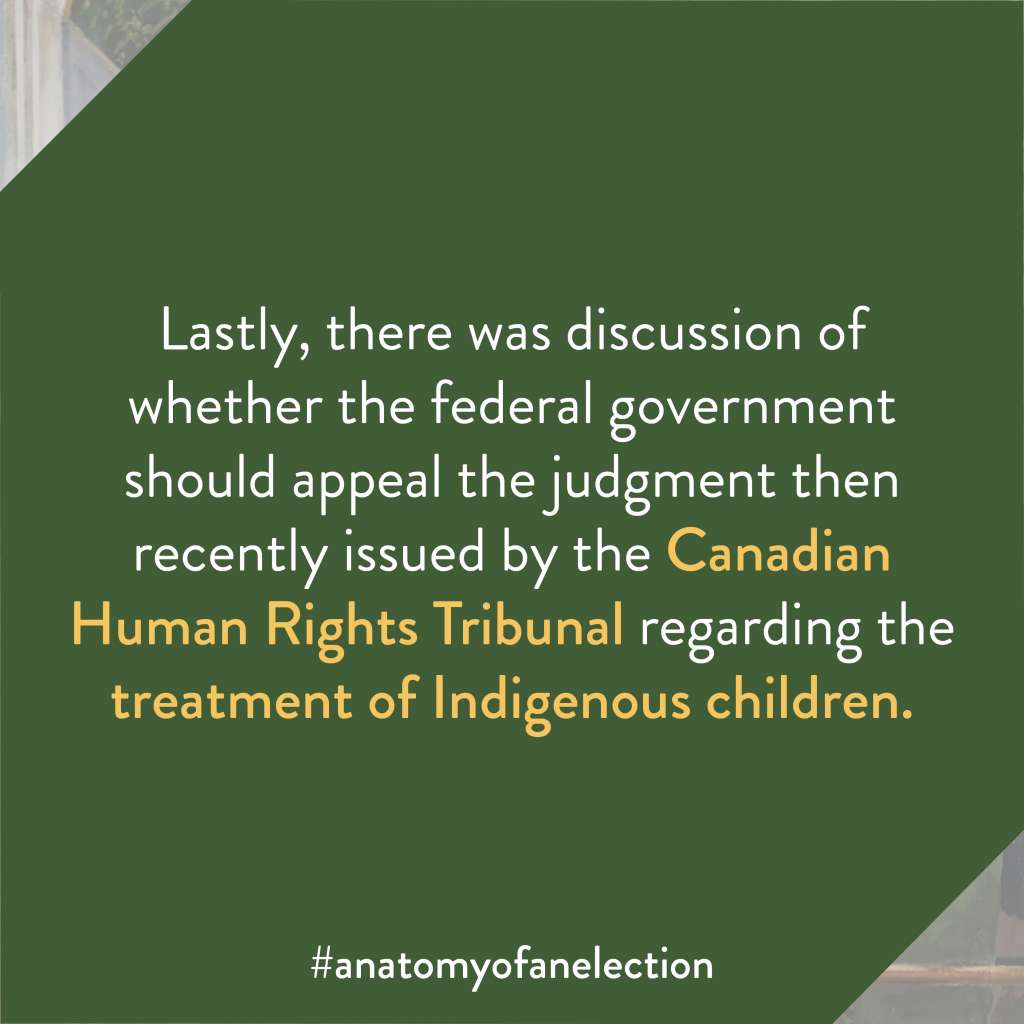Excerpt from Anatomy of an Election by Gregory Tardi. It states: "Lastly, there was discussion of whether the federal government should appeal the judgment then recently issued by the Canadian Human Rights Tribunal regarding the treatment of Indigenous children."