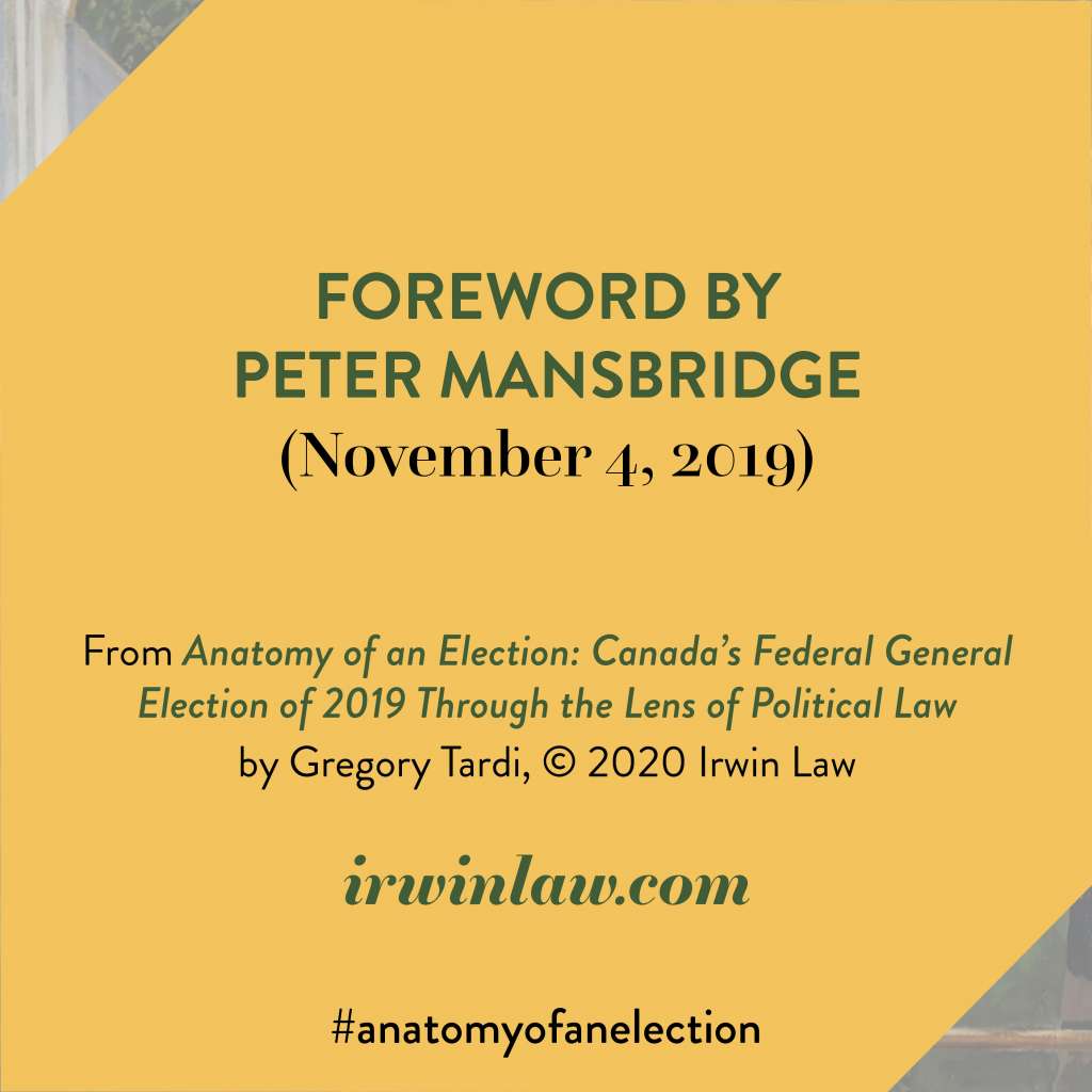 Graphic showing bibliographic information for Anatomy of an Election: Canada's Federal General Election of 2019 Through the Lens of Political Law by Gregory Tardi.
