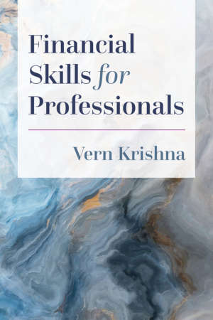 Book cover for Financial Skills for Professionals by Vern Krishna. The cover is a contemporary design showing an abstract, predominantly blue painting background and an elegant type treatment in a serif font.