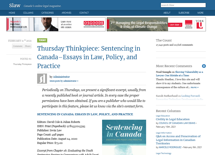 Screenshot of slaw.ca website, containing a featured exerpt of Sentencing in Canada by David Cole and Julian Roberts.