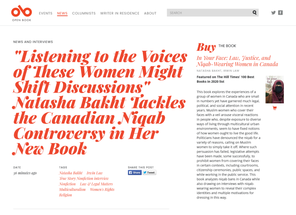 Screenshot of an interview with Natasha Bakht on the Open Book website.