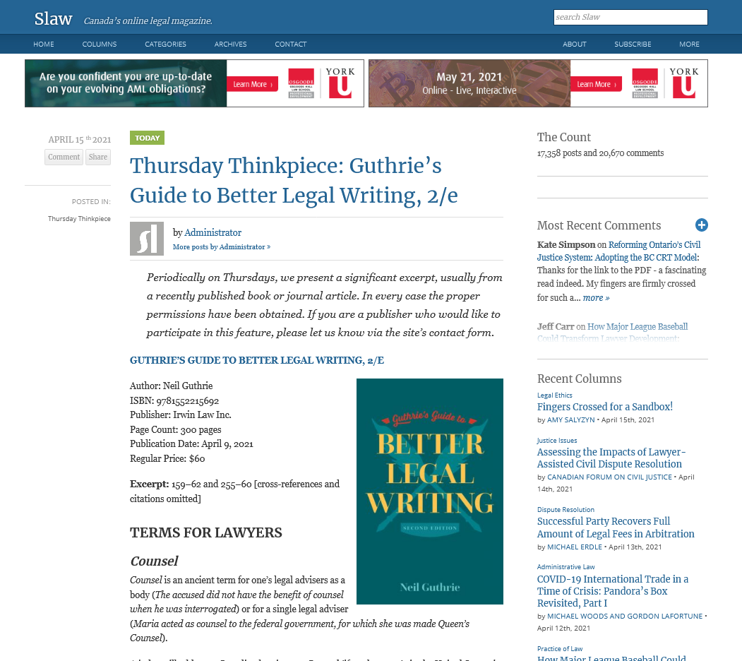 Screenshot of Slaw.ca featuring a Thursday Thinkpiece on Guthries Guide to Legal Writing, second edition, by Neil Guthrie.