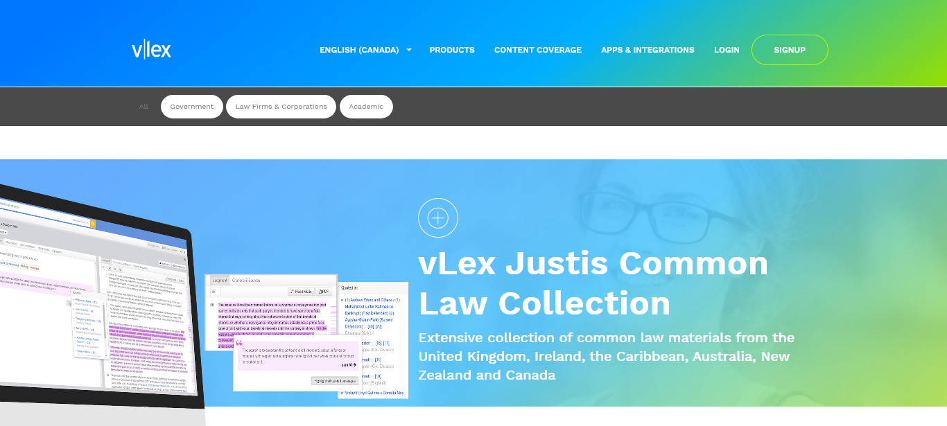 Screenshot of vLex Justis website, showing a computer monitor and online research tools.