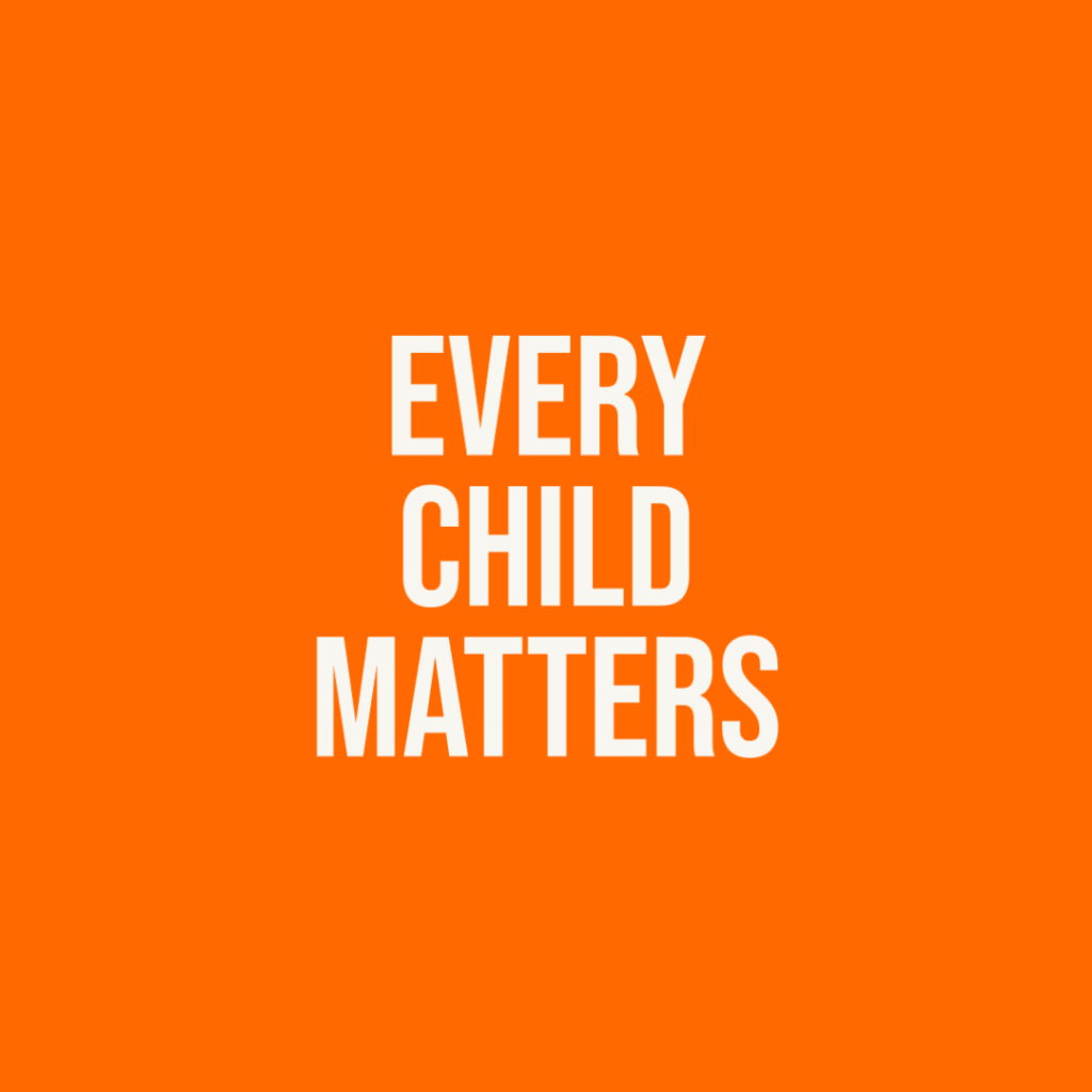 Graphic reading "Every child matters" in white text on an orange background.
