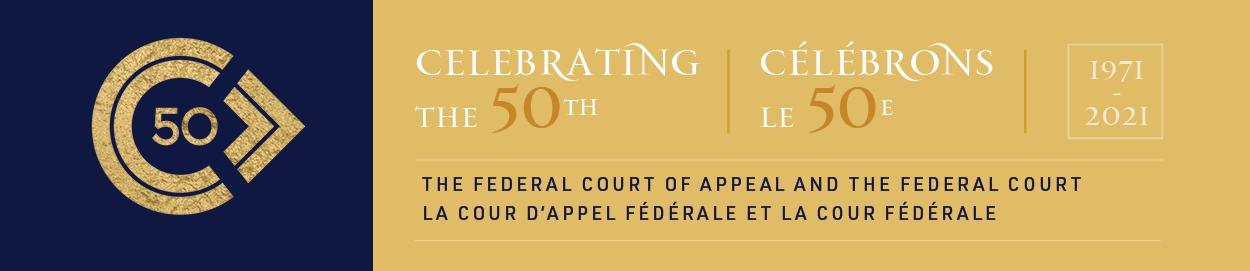 Banner showing a logo for the 50th anniversary of the Federal Court of Appeal and the Federal Court, in blue and gold.