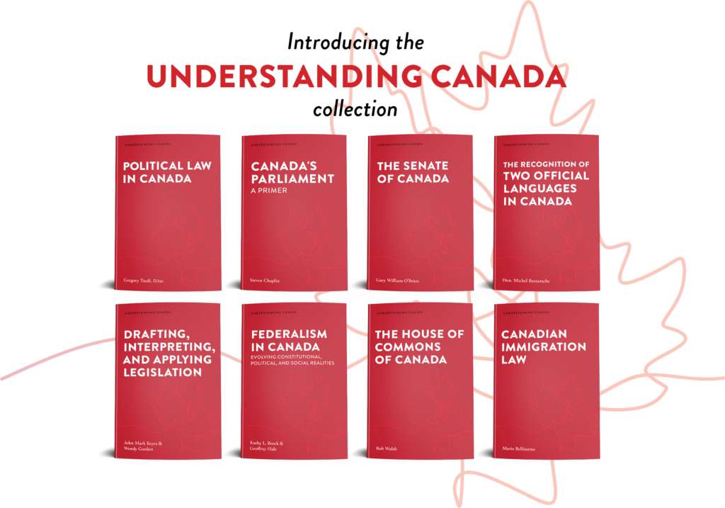 Display of eight books comprising the Understanding Canada series. The books feature a modern design with red covers and white text.